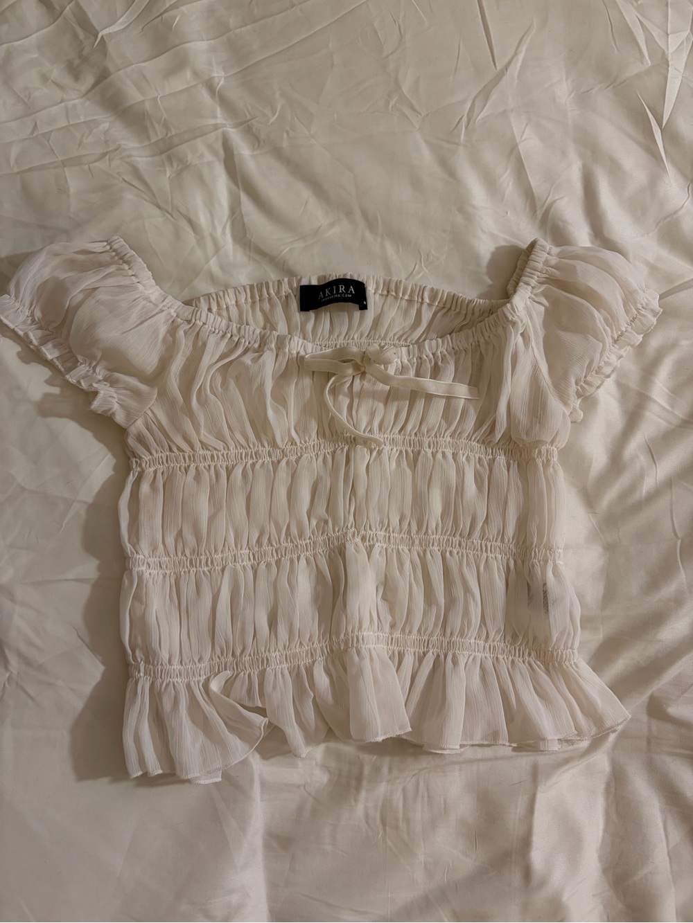 AKIRA Ivory Ruched Puff Sleeve Ruffle Top